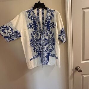White & Blue Embroidered Open-Front shirt